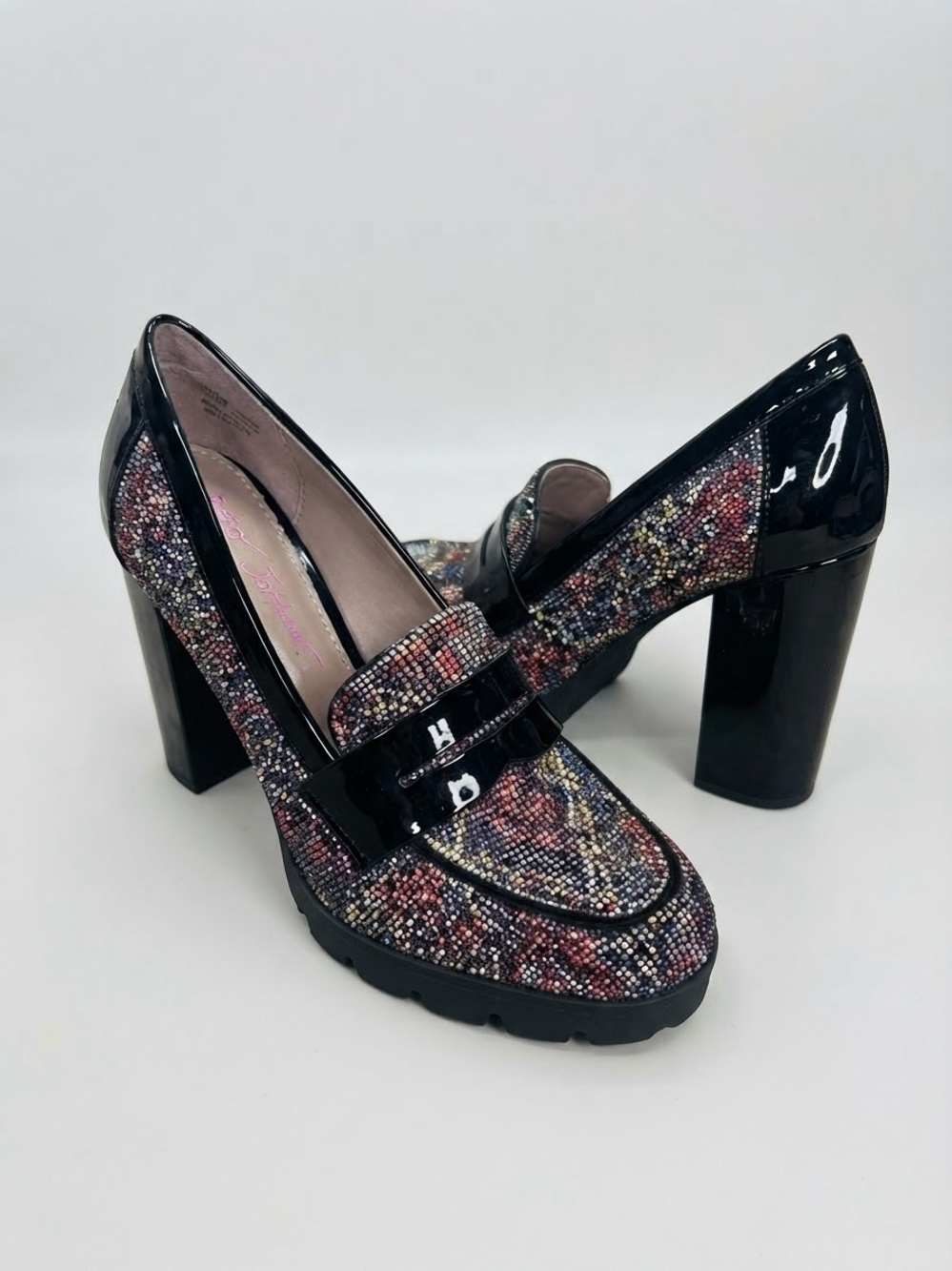 Betsey Johnson Black Patent Multicolor Beaded Block Heel Loafers